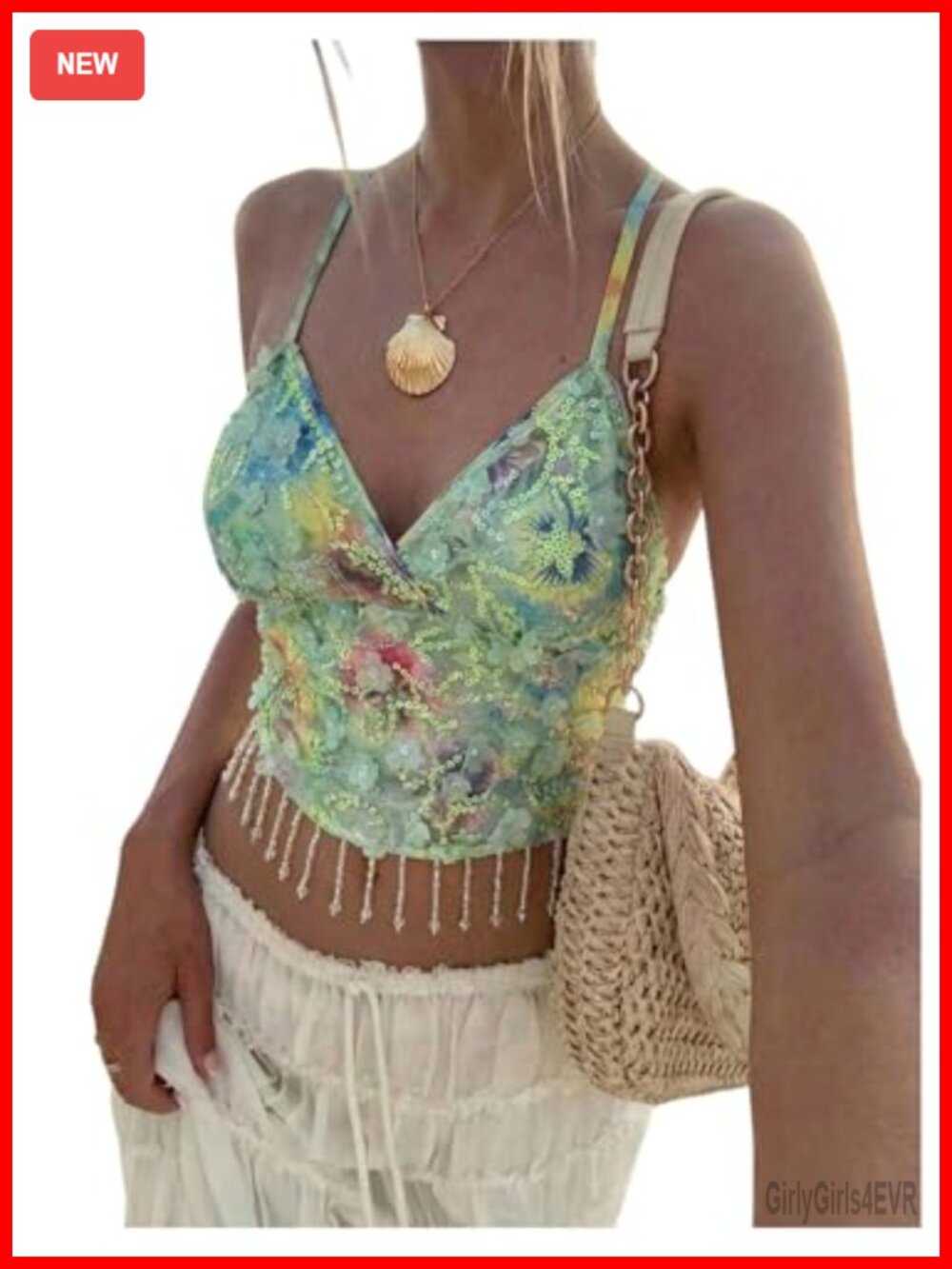 Sequin Sparkly Halter Camisole Top Fringe Open Back Cropped Festival
